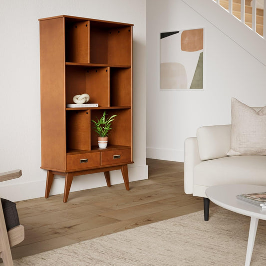 Draper SOLID HARDWOOD 35 Inch Mid Century Modern Wide Bookcase and Storage Unit in Teak Brown, for the Living Room, Study Room and Office