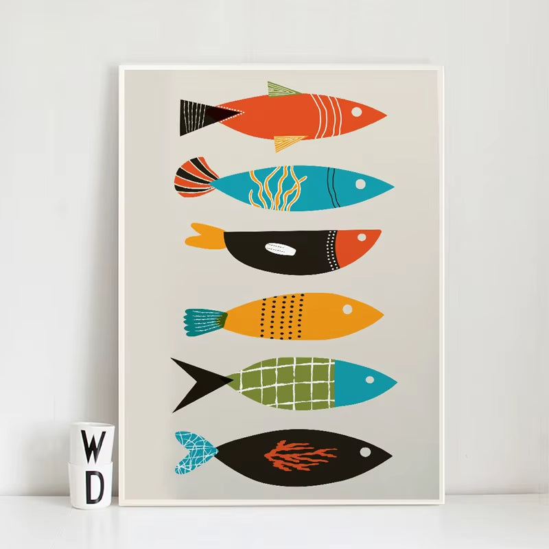 Mid Century Modern Abstract Canvas Prints Fish Poster Wall Art Decor, Mid Century Fish Art Painting Picture Home Room Wall Decor