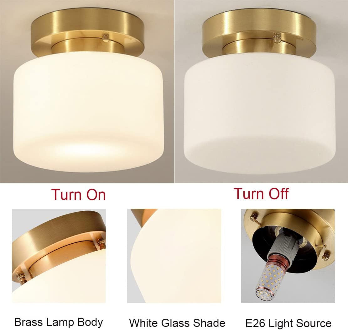 Lighting Modern Brushed Gold Semi Flush Mount Drum Ceiling Light Fixture Mid Century Antique Brass Flush Mount Ceiling Light Milk Glass Hallway Ceiling Light for Living Room