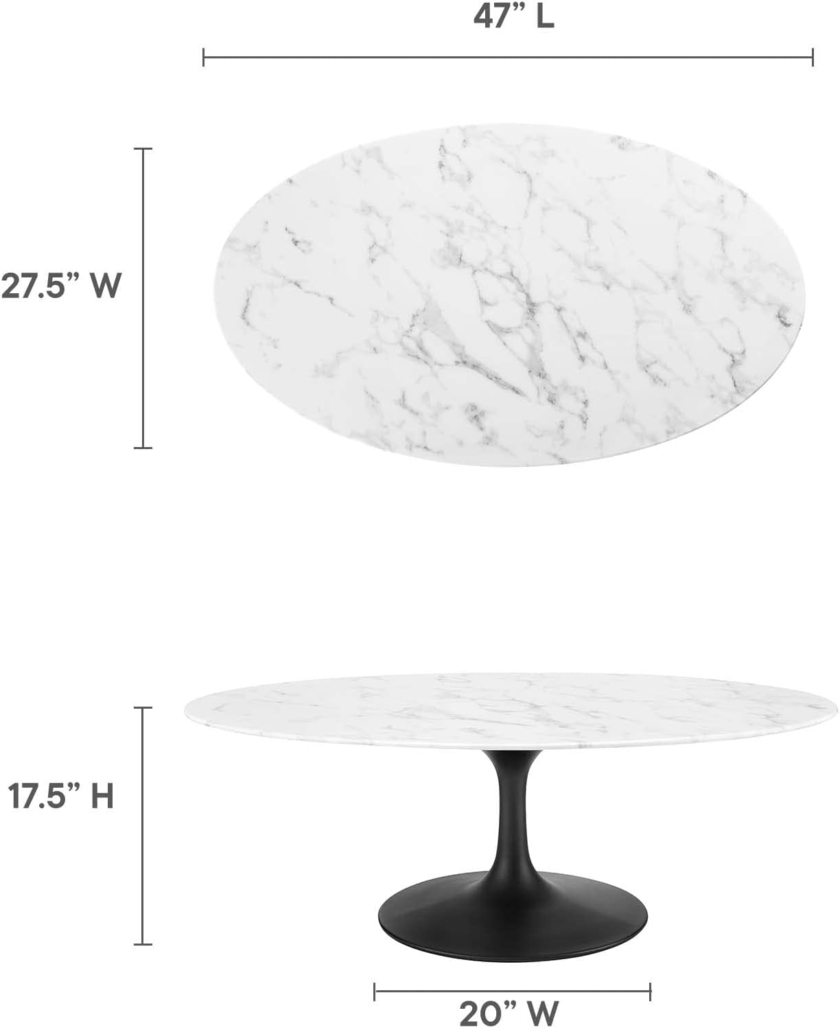 Lippa Mid-Century Modern 48" Oval Artificial Marble Coffee Table in Black White