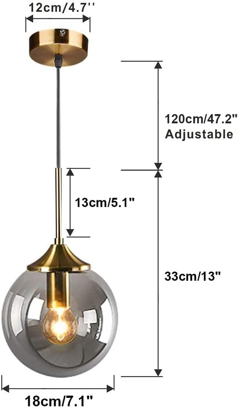 Lighting Modern 1-Light Globe Pendant Light Mid Century Large Single Smoke Glass Hanging Light Brushed Brass Adjustable Pendant Light Fixture for Living Room Kitchen Island (Smoke Gray)