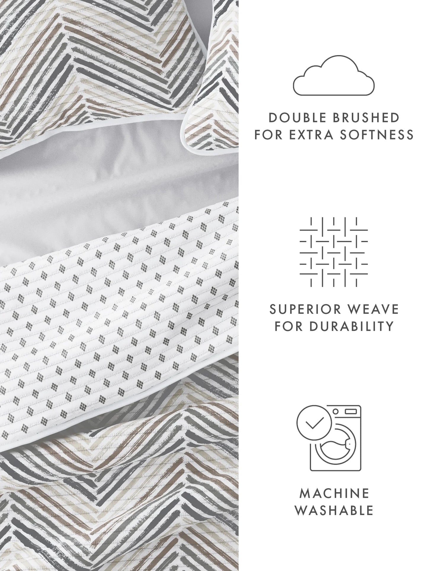 - Light Gray Reversible Painted Chevron Stitched Quilt Coverlet for Queen Size Beds