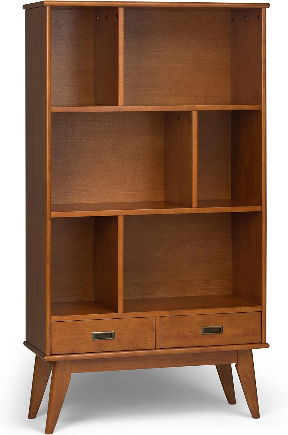 Draper SOLID HARDWOOD 35 Inch Mid Century Modern Wide Bookcase and Storage Unit in Teak Brown, for the Living Room, Study Room and Office