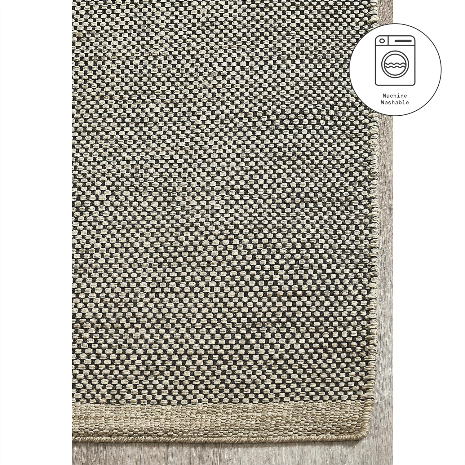 Machine Washable Area Rug - Hand Woven, Stain Resistant, Pet Friendly - Premium Recycled Polyester Yarn - Solid - Bedroom, Living/Dining Room - Kingscote - Black & Beige - 6 X 9 Ft