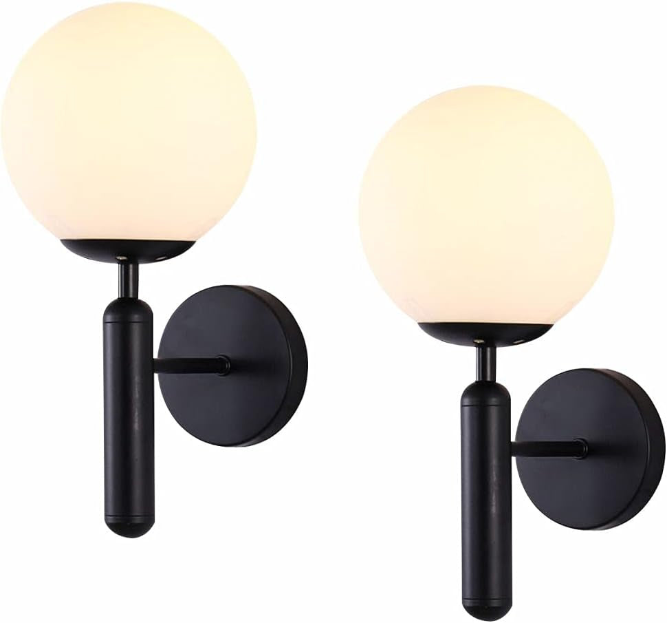 Lighting Black Modern Glass Globe Wall Sconce Mid Century Wall Mounted Set of 2 Vanity Light for Bedroom Living Room Aisle(Black 2 Pack)