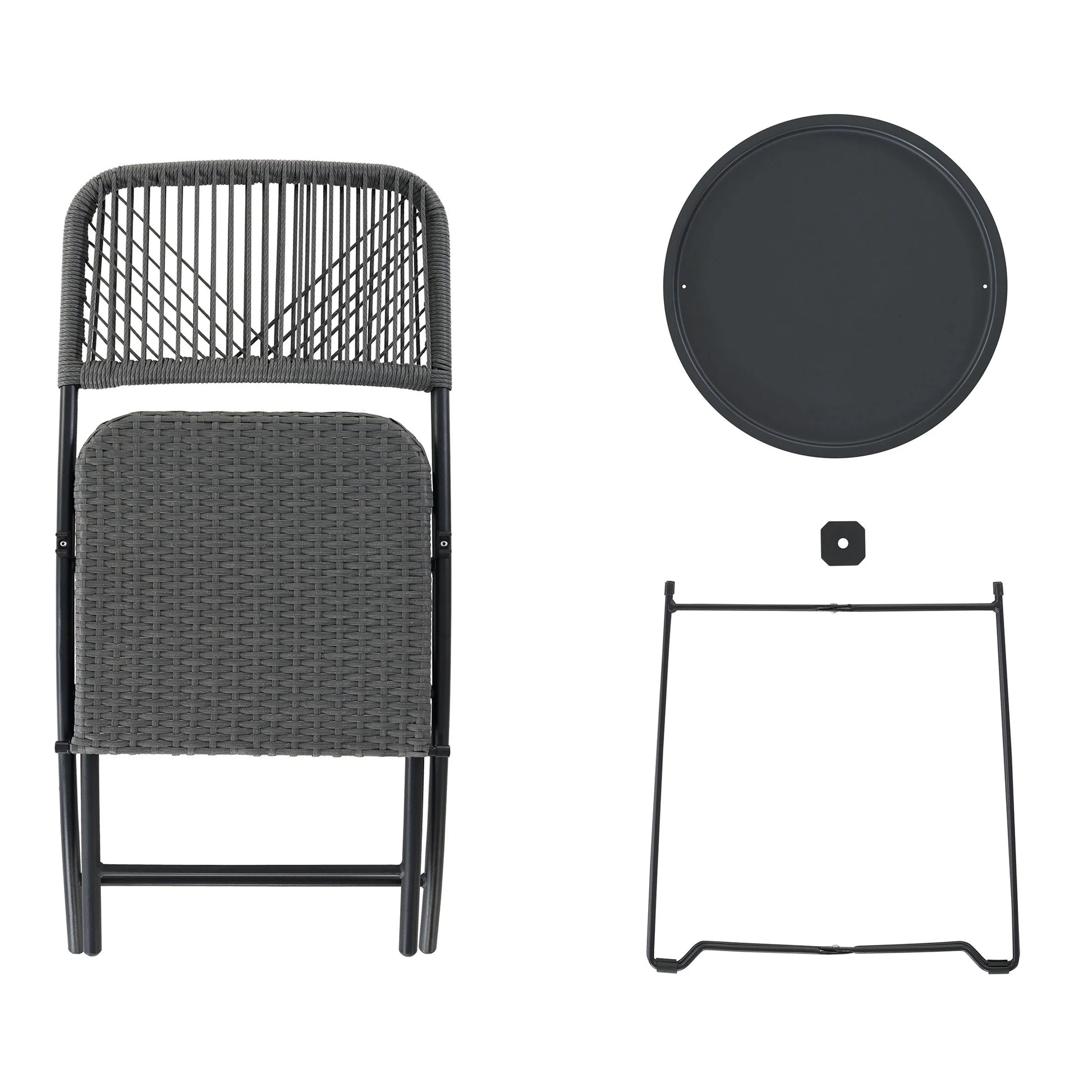 3-Piece Steel and Wicker Rope Folding Outdoor Patio Bistro Set, Gray/Black