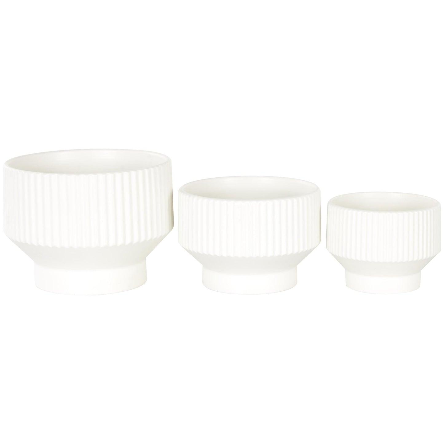 10", 8", 7"W Wide White Ceramic Planter with Linear Grooves and Tapered Bases (3 Count)