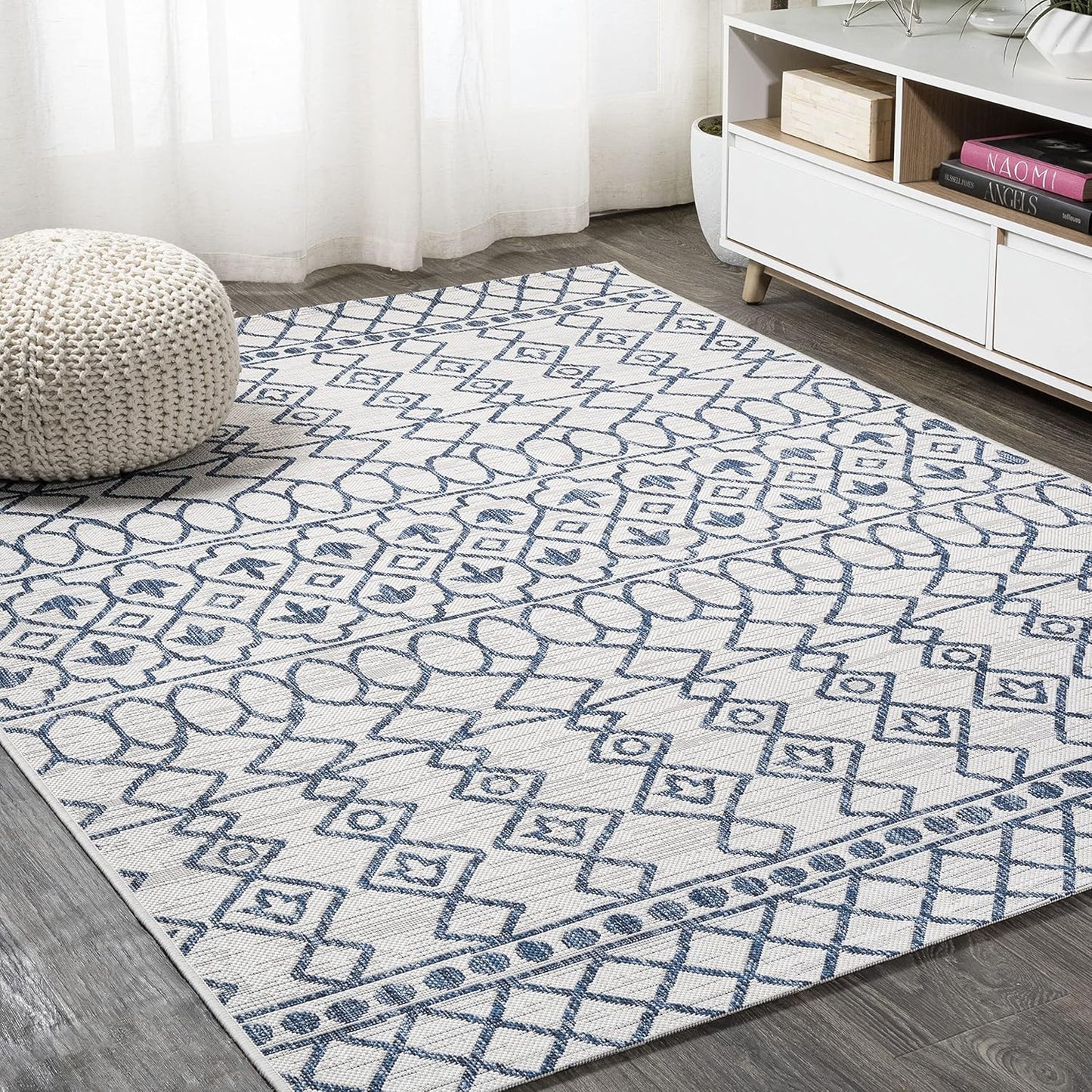 SMB130C-4 Kafel Tribal Bohemian Indoor Outdoor Area Rug Bohemian Rustic Easy Cleaning Bedroom Kitchen Backyard Patio Non Shedding, 4 X 6, Ivory/Blue