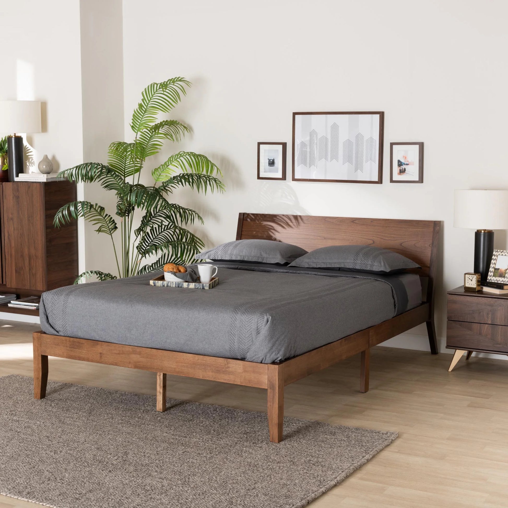 Salvatore Mid-Century Modern Walnut Brown Finished Wood King Size Platform Bed