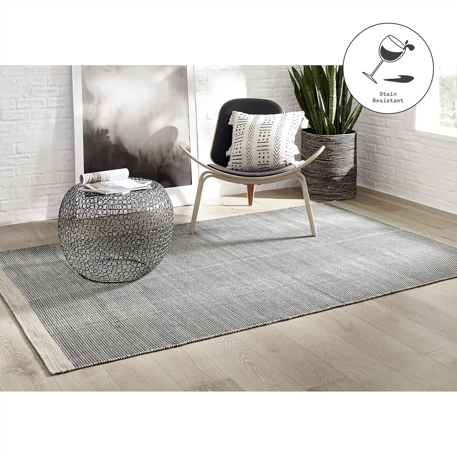 Machine Washable Area Rug - Hand Woven, Stain Resistant, Pet Friendly - Premium Recycled Polyester Yarn - Solid - Bedroom, Living/Dining Room - Kingscote - Black & Beige - 6 X 9 Ft