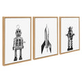 Sylvie Sparky Space Robot, No 4 Rocket and Robbey Robot Black and White Set Framed Canvas Art Set by Saint and Sailor Studios